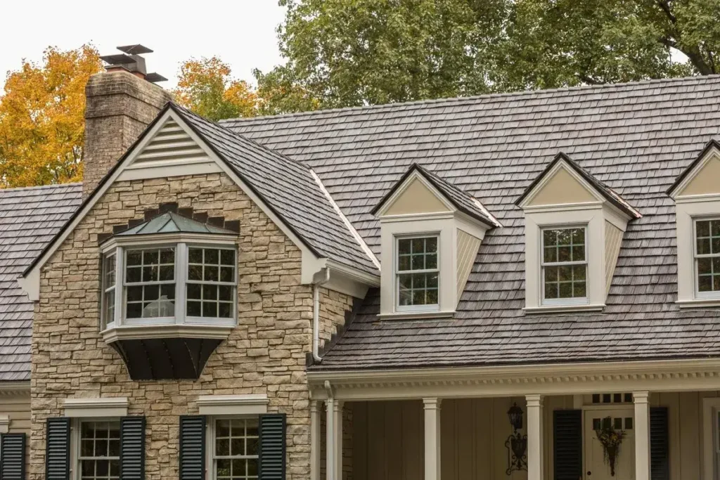 a newly installed asphalt roof on a large house